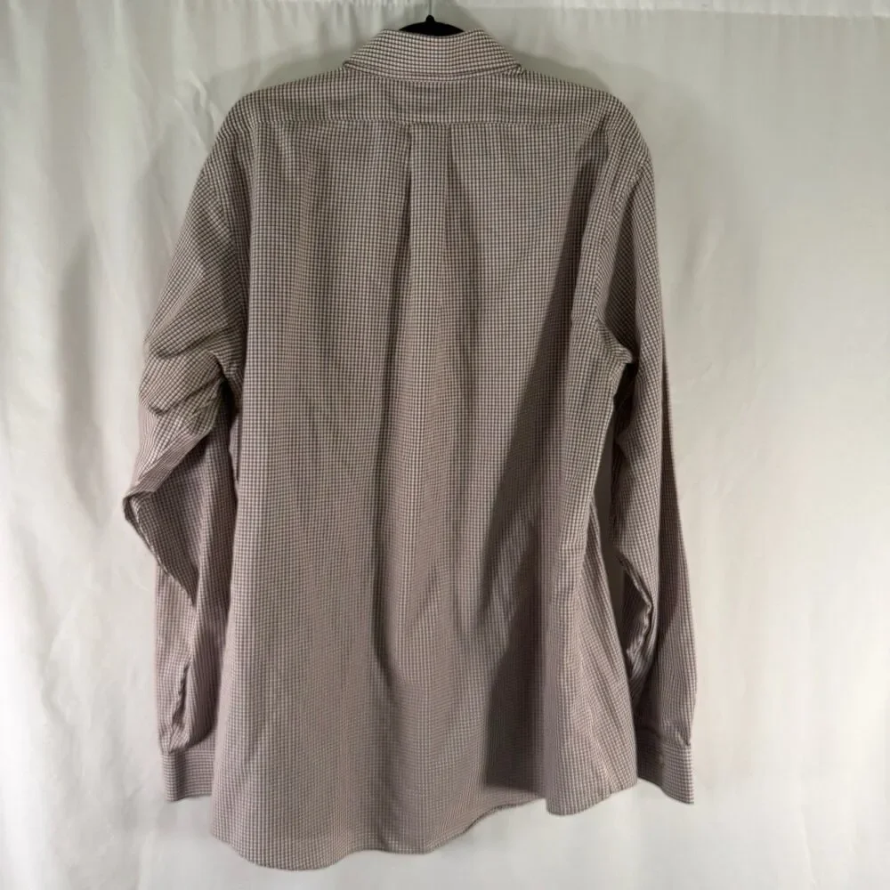 Brooks Brothers Dress Shirt Mens 17.5 38 White Brown Plaid Button Up Long Sleeve